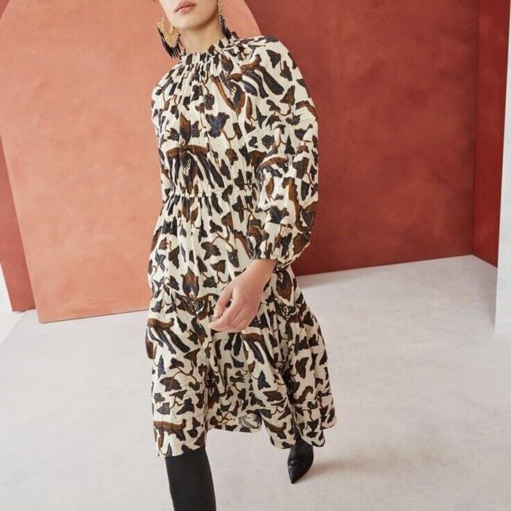 Ulla Johnson Cream Midi Dress with Brown and Black Abstract Motif